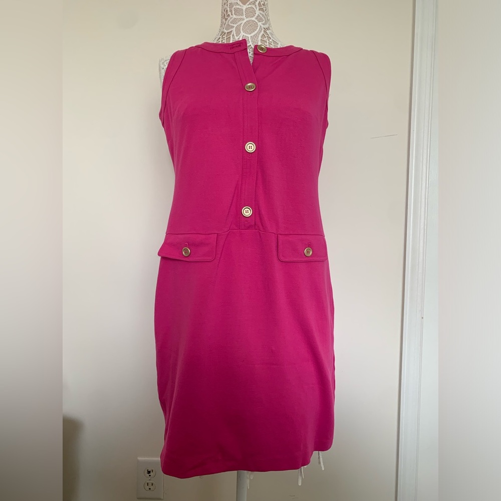 EUC Talbots Petites Barbie Pink Knit Shift Dress Button Up Retro Size 8P